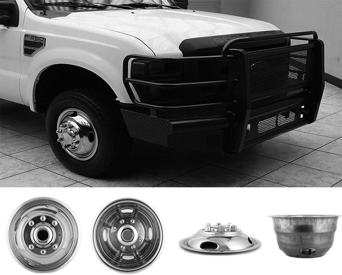 Deebior 4pcs 17inch Polished Stainless Steel Dually Wheel Simulators, Nice looking and Durable Bolt On Wheel Cover, 8 Lug 4 Hand Hole Hubcaps Fit for 2005-2021 Ford F350 with Installation Tool Kit A8P