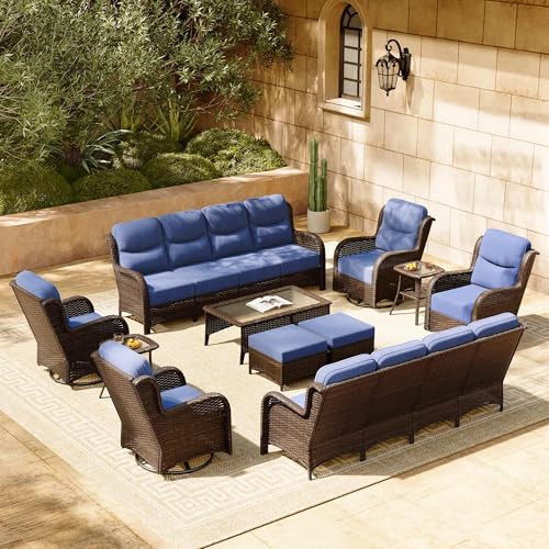 Luxury Patio Furniture Set with 6-inch Thick Cushion, Outdoor Couch and High Back Swivel Rocker Patio Chairs, 7PCS Wicker Conversation Set for Deck, Yard, and Poolside in Blue (V2)