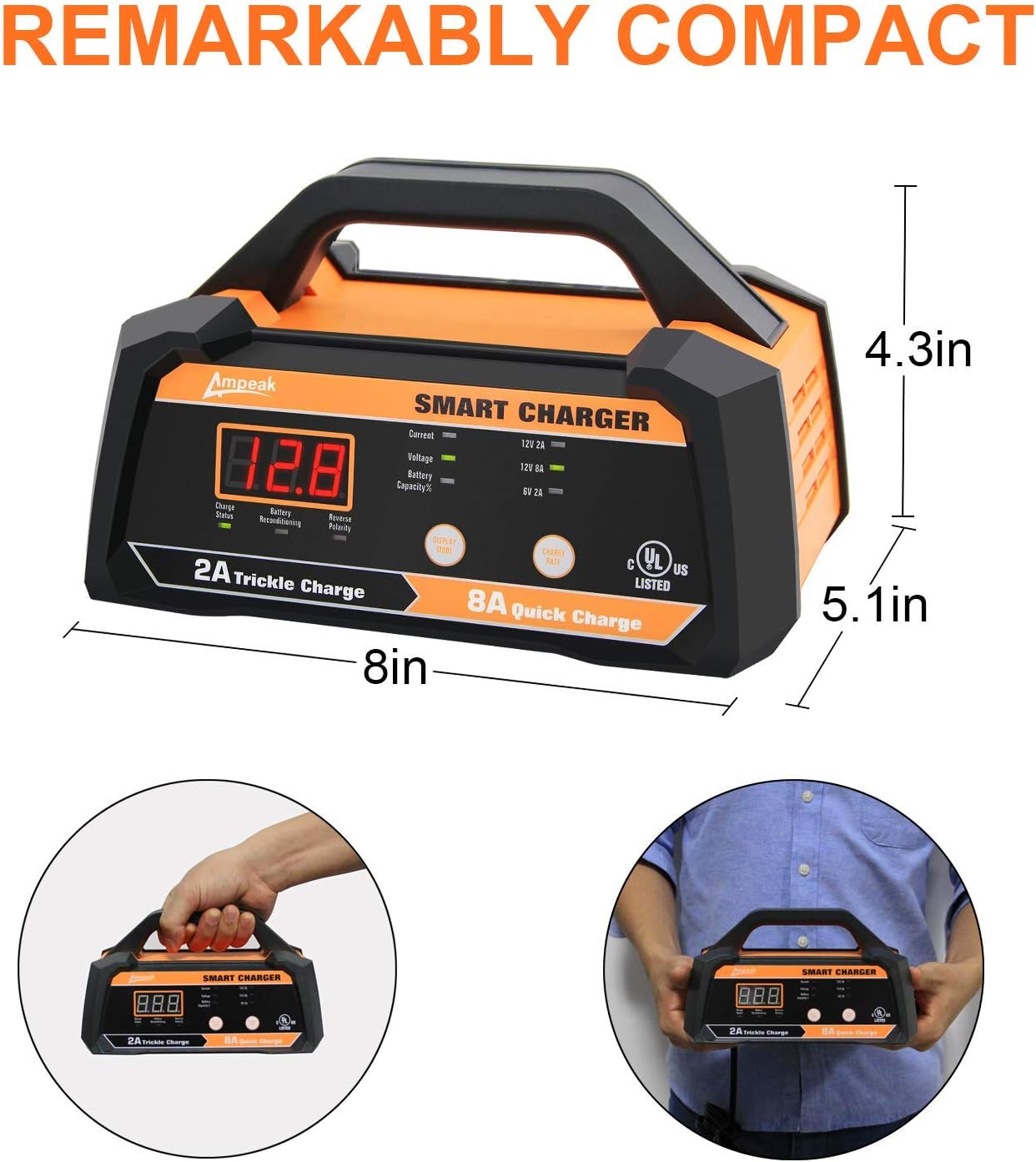 Ampeak 6V 12V Smart Car Battery Charger and Maintainer 2A 8A Fully Automatic with Cable Clamps