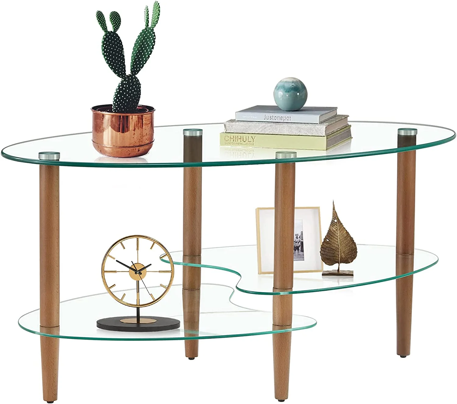 Glass Coffee Table  Oval Glass Coffee Table  Transparent Glass Coffee Table  Oak Wood Leg Tea Table  3-Layer Glass Table  Living Room   Suitable for Waiting Room  Living Room