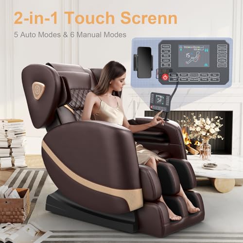 2025 Massage Chair Full Body, Zero Gravity Massage Chair with 10 Fix Rollers, Heating, Foot Massage, Auto Modes, Bluetooth Speaker, Touch Screen Controller (Black & Brown)