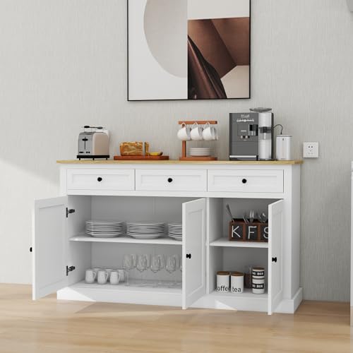 Buffet Cabinet Storage Sideboard Farmhouse Server Bar Wine Cabinet with 3 Drawers & 3 Doors Adjustable Shelves for Dining Living Room White