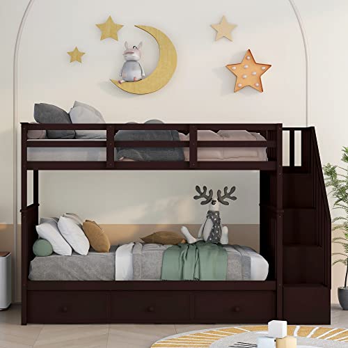 Harper & Bright Designs Twin Over Full Bunk Beds with Stairs and Storage Drawers Wood Bunk Bed Frame with Staircase for Kids Boys Girls Teens, White