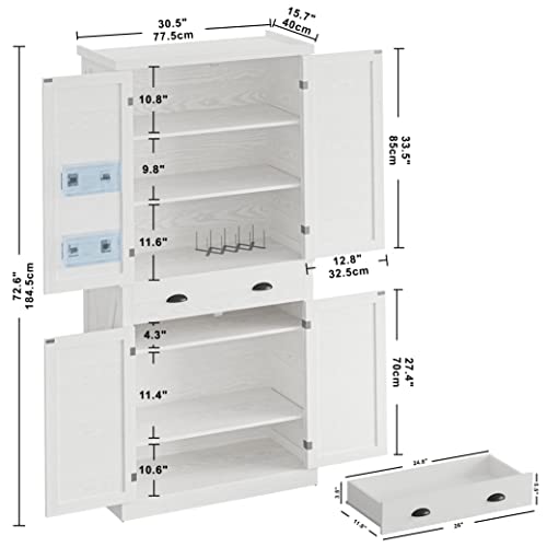 IRONCK Kitchen Pantry Storage Cabinet 72.6" H, with Barn Doors, Drawer, 4 Adjustable Shelves, Freestanding Cupboard for Dining Room Living Room, Laundry, White