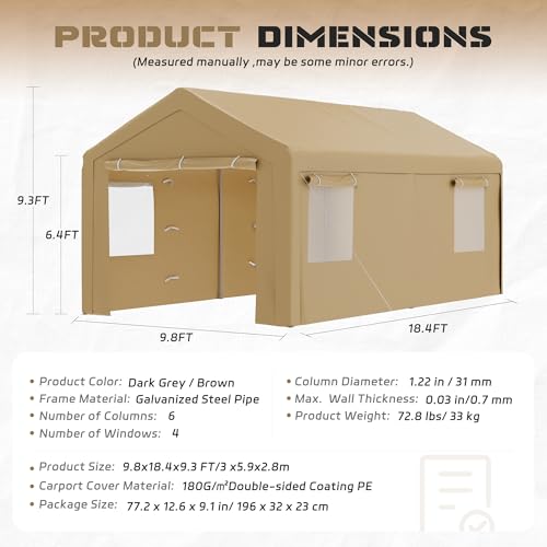 SUNCROWN Outdoor Carport, 10x20 FT Heavy Duty Portable Garage with 4 Roll-up Ventilated Windows, Removable Sidewalls and Doors, Car Canopy with All Weather Tarp for SUV, Boat, Party, Brown