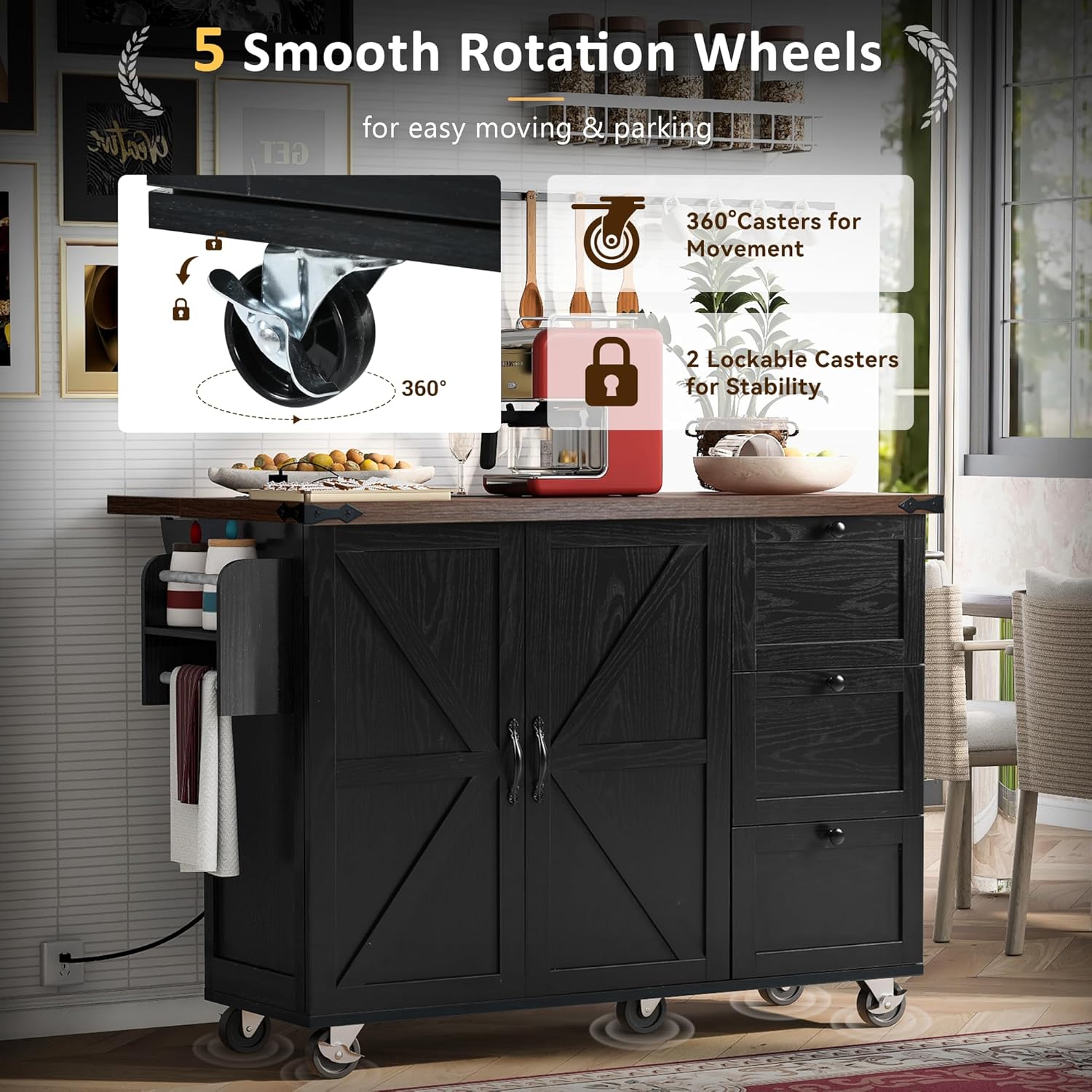 roomfitters 54.5" Farmhouse Kitchen Island with Power Outlet, Kitchen Storage Island with Internal Storage Rack, Drop Leaf, Spice Rack, Rolling Kitchen Cart, for Home, Kitchen and Dining Room (Black)