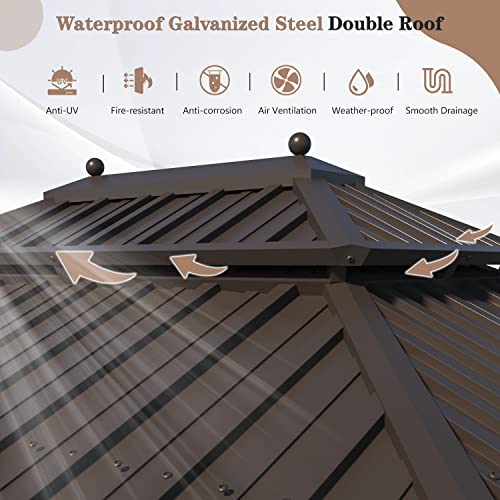 EROMMY 14'x20' Hardtop Gazebo Double Roof Galvanized Steel Canopy Outdoor Aluminum Frame Permanent Metal Pavilion with Netting and Curtains for Patio Backyard Deck and Lawns