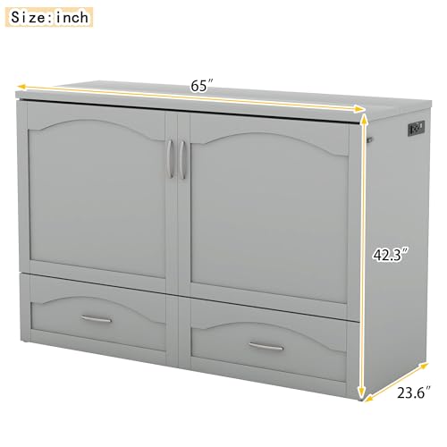 Convertible Murphy Bed 2-In-1 Wall Bed Solid Wood Murphy Cube Bed w/Drawer&Sockets/USB Ports for Teen Adult, Folding Storage Chest Bed Platform Bed Frame w/Headboard for Home Office Dorm (Queen,Grey)