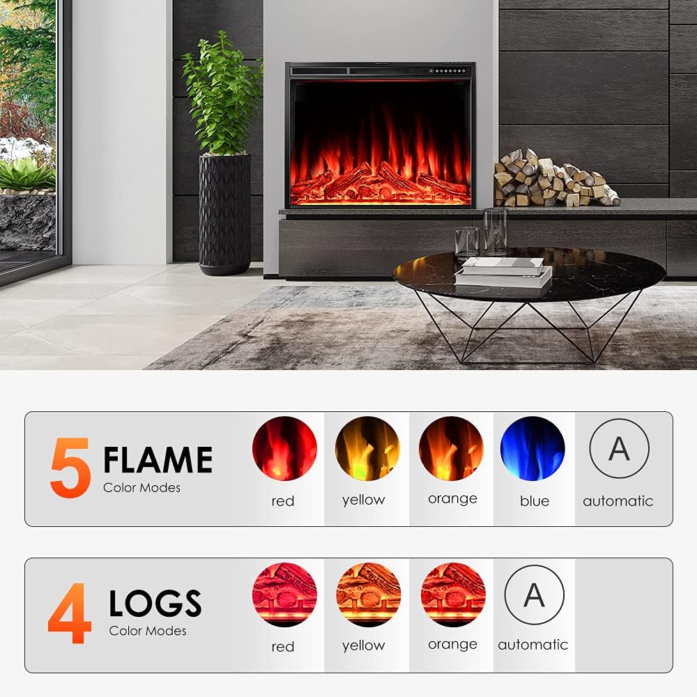 Electric Fireplace Insert 37", Rintuf Electric Heater Recessed or Free-standing, Adjustable Flame Colors and Speed, Touch Screen, Remote Control with Timer, 750-1500W with Colorful Flame Option, Black