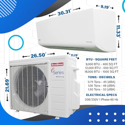 Goodman Mini Split Inverter Heat Pump E-Series | 230v, 18 SEER2, 0.75 to 1.50 Tons | 9,000 to 12,000 BTU Cooling and Heating | Ductless, Single Zone, Wall Mounted System, with ACiQ Installation Kits