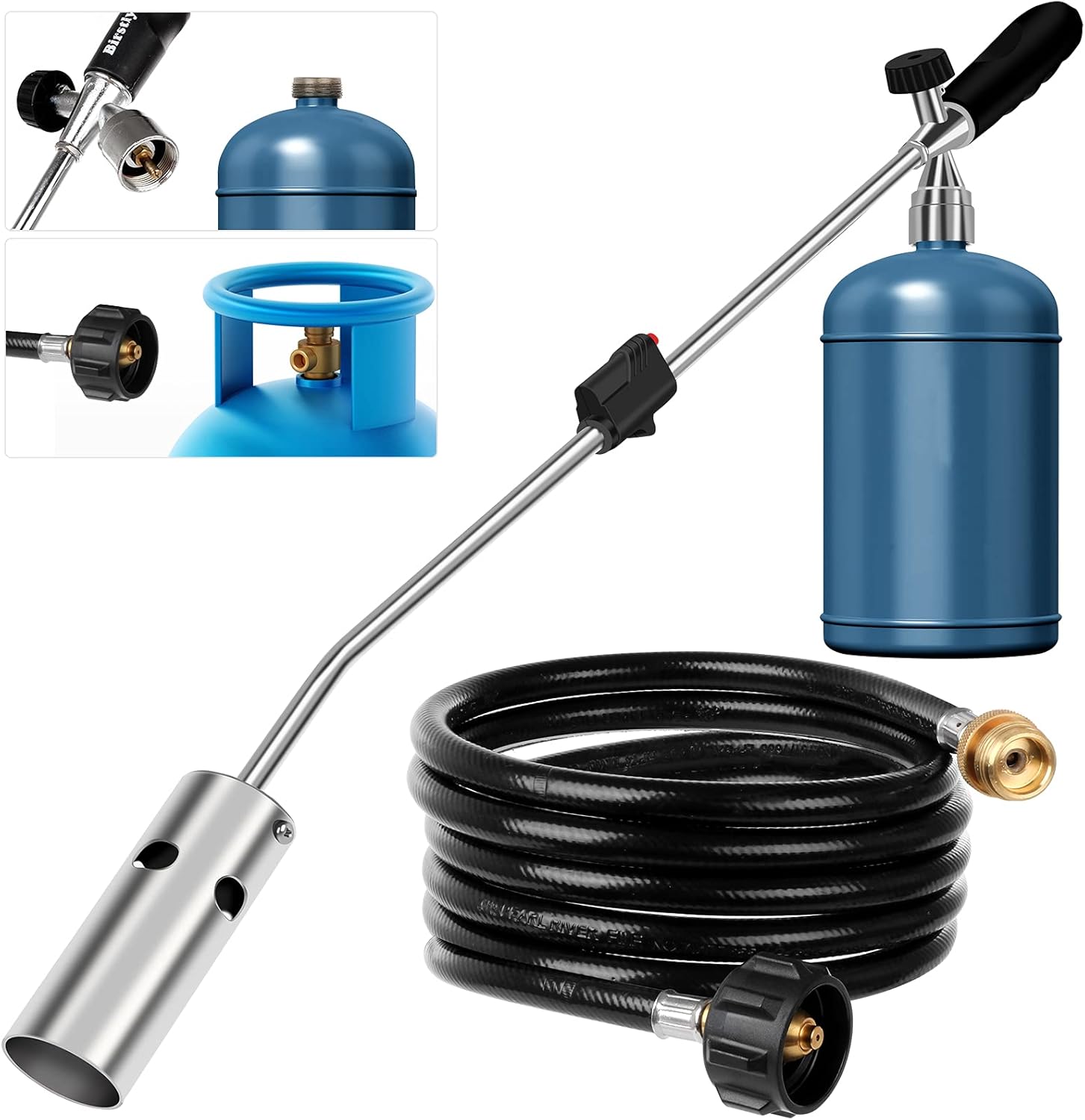 Propane Torch Weed Burner,Blow Torch,Charcoal Lighter,Campfire Starter,Flamethrower With Push Button Igniter and 9.8 FT Hose,hose with gas tank converter,for Roof,Asphalt,meltin snow,Road Marking