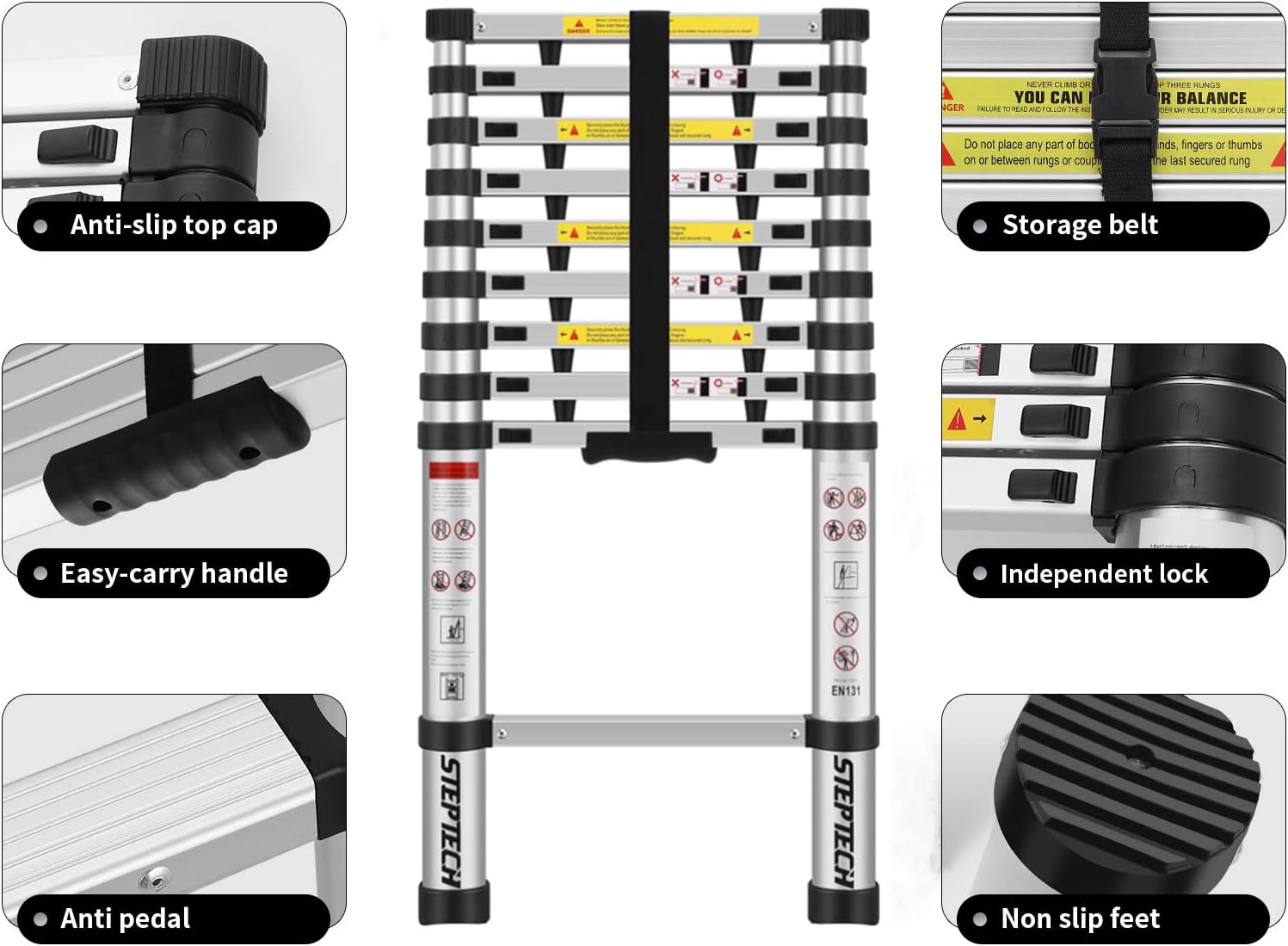 STEPTECH Telescoping Ladder 9.5 ft Aluminum Telescopic Extension Ladder Anti-Pinch Collapsible Ladders for Home Lightweight Compact Portable Ladder for RV Attic 330 lbs Capacity