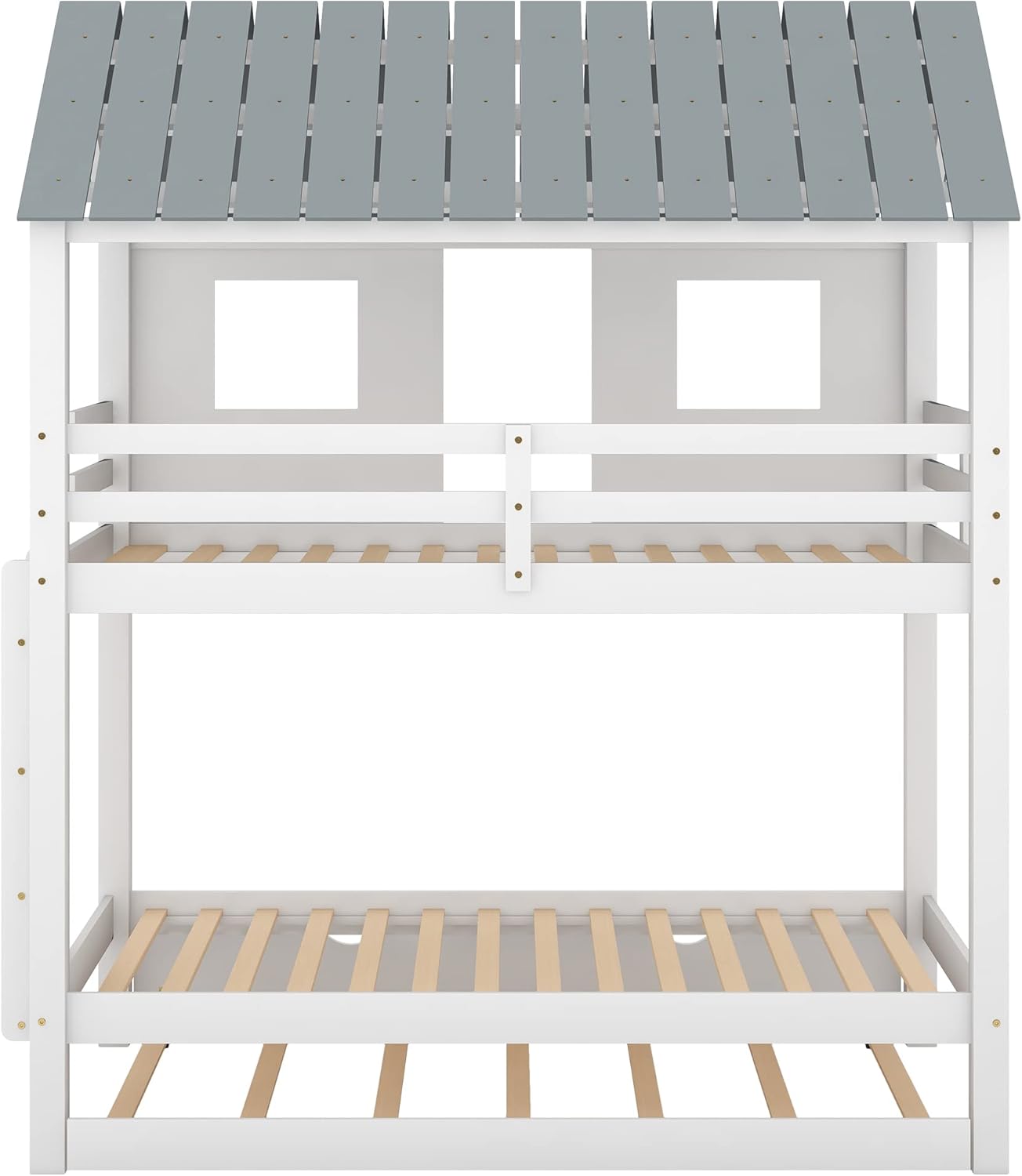 Twin Over Twin House Bunk Beds with Trundle, Wood Bed Frames with Two Front Windows and Roof for Toddlers/Boys/Girls, White