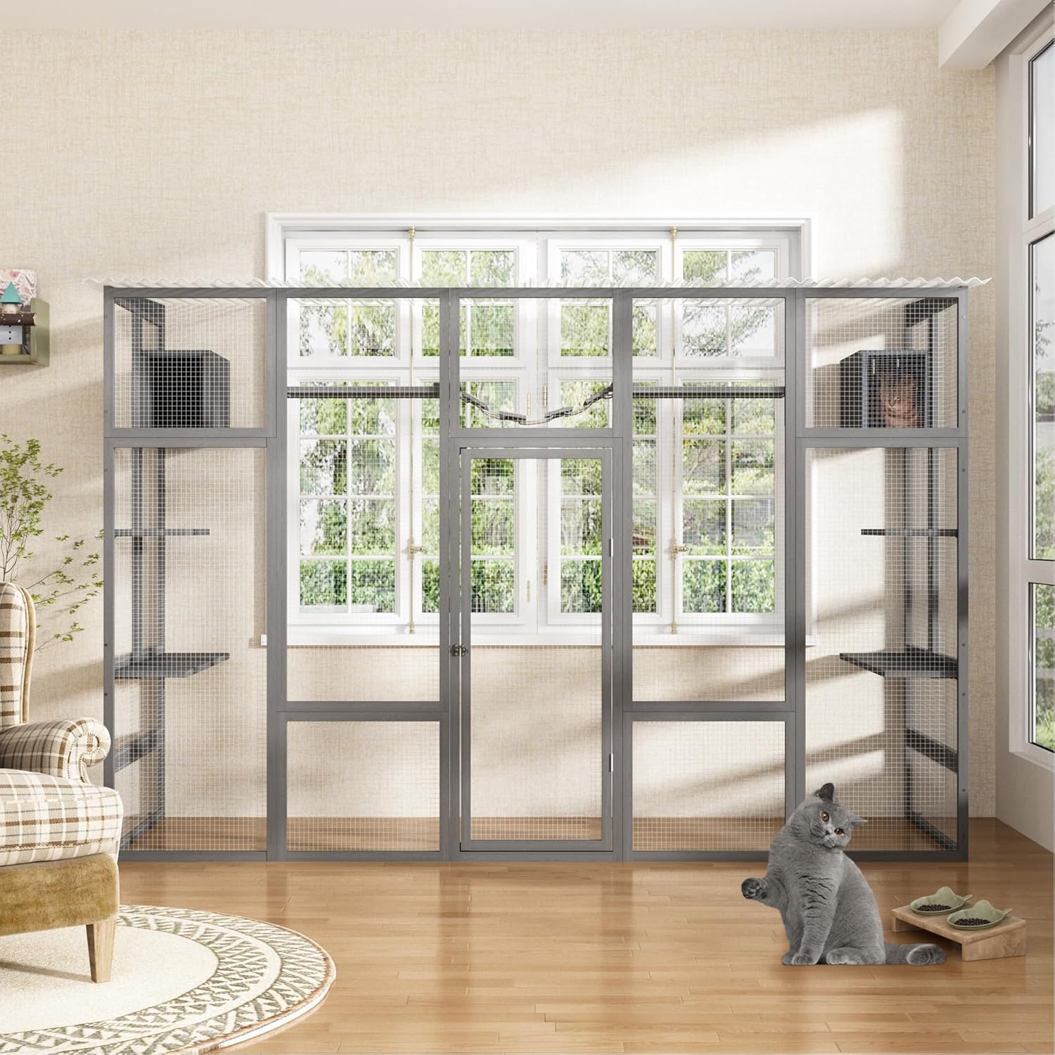 COZIWOW Catio Outdoor Cat Enclosure, 104" L Large Catio for Indoor Cats Window Access, Wooden Window Cat Catio with Weather Protection Roof, 6 Platforms, 2 Houses, Bridge, Scratching Board, Grey
