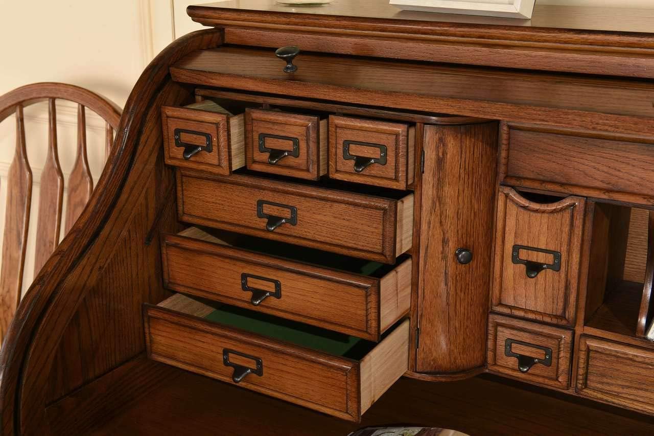 Roll Top Desk Solid Oak Wood - 54 Inch Deluxe Executive Rolltop Desk Burnished Walnut Stain for Home Office Secretary Organizer Roll Hutch Top Easy Assembly Quality Crafted Construction