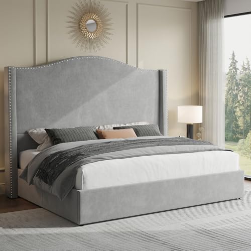 Jocisland Lift Up Storage Bed Queen Size, Upholstered Platform Bed Frame Tall Headboard Wingback, Hydraulic Lifting Underneath/Wood Slats Support (Black)