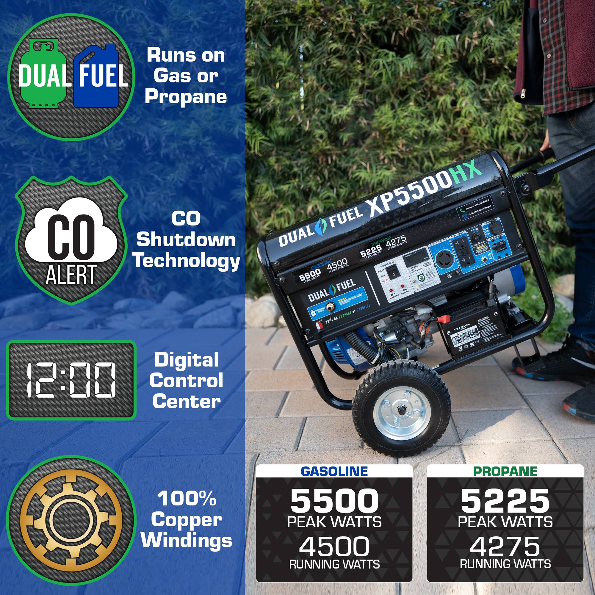DuroMax 5,500/4,500-Watt Dual Fuel Gasoline/Propane Portable Generator with Co Alert, XP5500HX