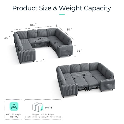 LINSY HOME Sectional Sleeper Sofa with Pull Out Couch Bed Convertible Plush Corduroy Cloud Couch with Storage Chaise & USB Charging, Comfy L Shaped Modular Couches for Living Room Apartment (Grey)
