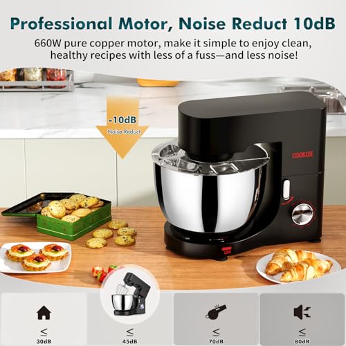 COOKLEE Stand Mixer, 9.5 Qt. 660W Electric Kitchen Mixer with Dishwasher-Safe Dough Hooks, Flat Beaters, Wire Whip & Pouring Shield Attachments for Most Home Cooks, Silver