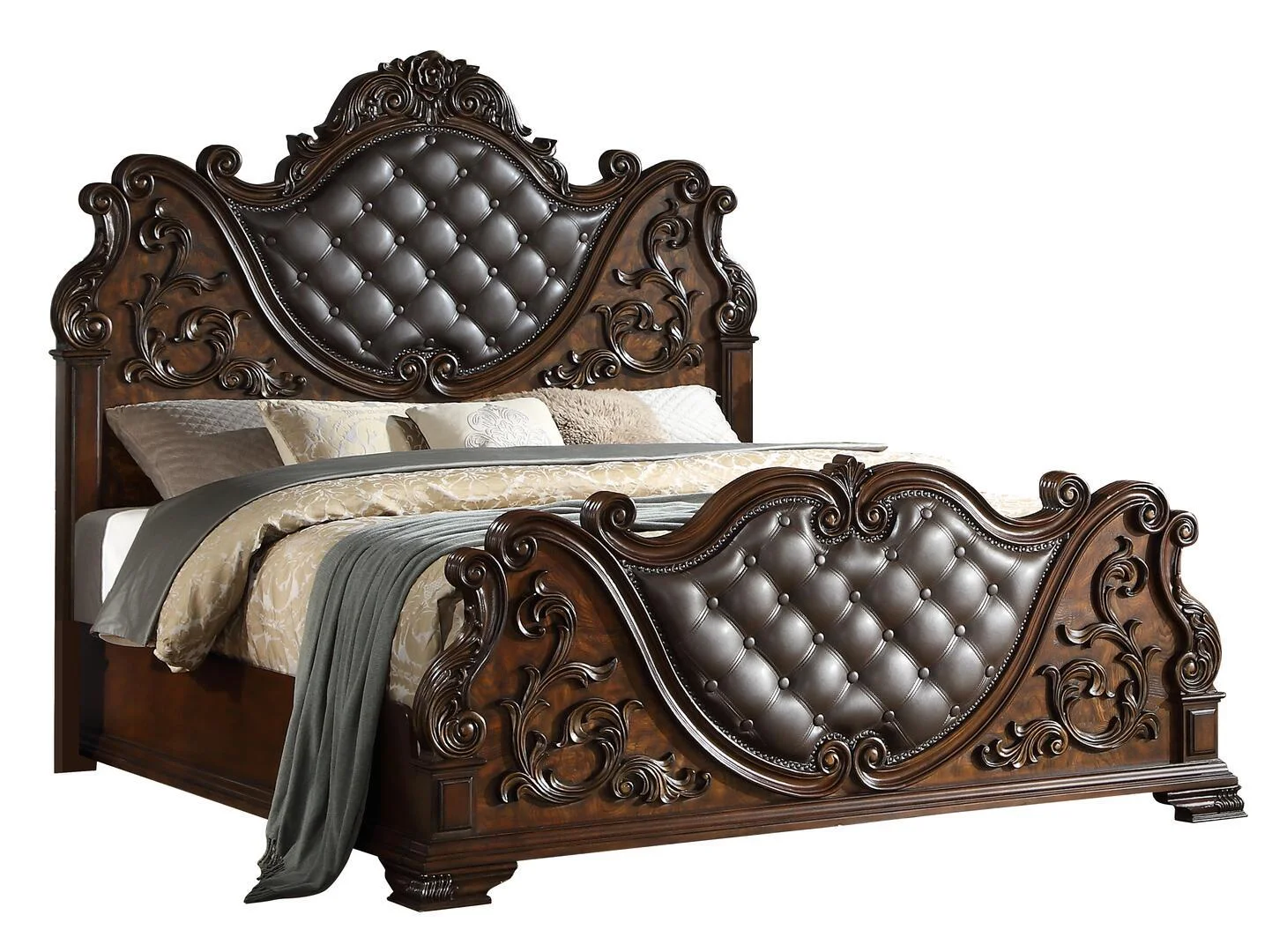 Cherry Finish Wood Queen Bed Set 5Pcs Traditional Cosmos Furniture Santa Monica