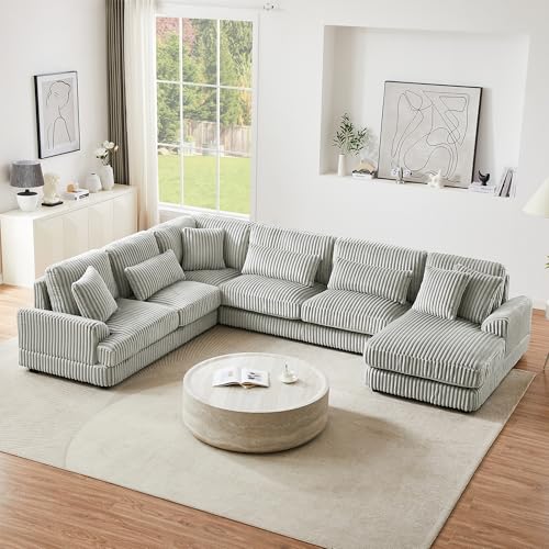 Oversized U-Shaped Sectional Sofa Couch Plush Corduroy Upholstered Modular Deep Seat Sofa&Couch Sectional W/Right Facing Chaise Lounge and 7 Toss Pillows for Home Apartment Living Room Furniture Sets