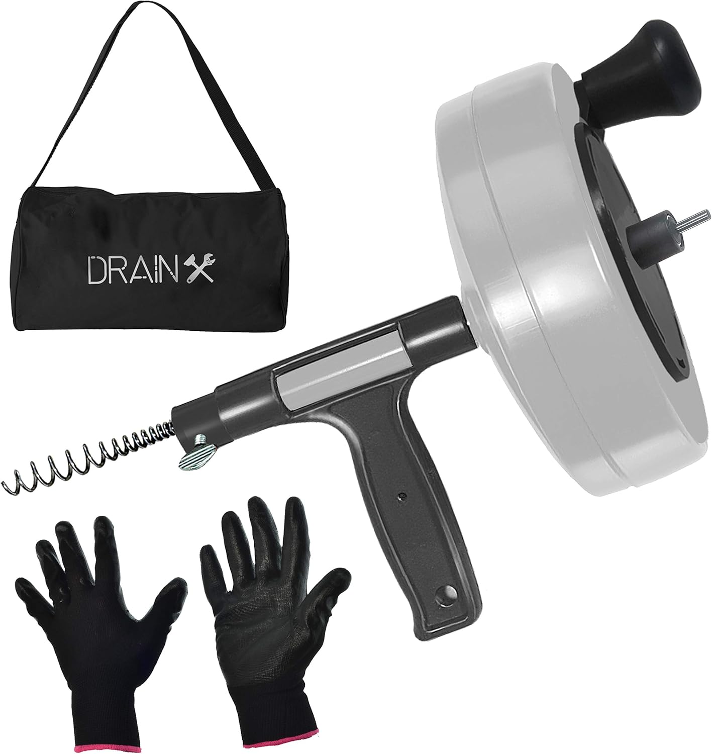 DrainX 50-FT Steel Power Pro Drum Auger Plumbing Snake with Drill Attachment | Use Manually or Powered | Heavy Duty Cable with Work Gloves and Storage Bag Included