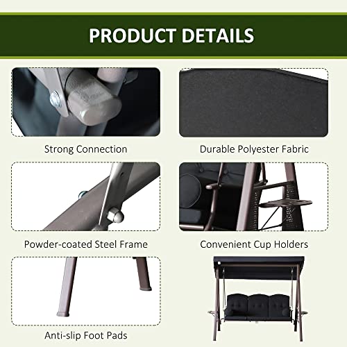 Outsunny 3-Seat Patio Swing Chair, Outdoor Porch Swing Glider with Adjustable Canopy, Removable Cushion, Pillows and Side Trays, for Garden, Poolside, Backyard, Brown