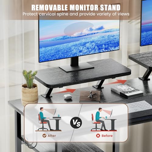 L Shaped Desk Gaming Desk with Hutch, Reversible 94.5” Corner Computer Desk with 1 Monitor Stand & Storage Shelves, Home Office Desk with LED Lights & Power Outlets for Home Office (Rustic Brown)