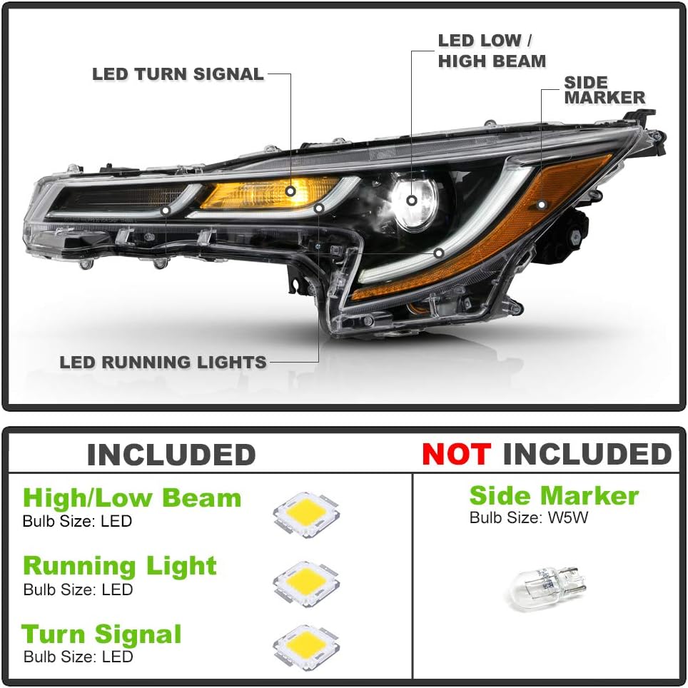 ACANII - For [L | LE US Built Model] 2020-2021 Toyota corolla Black LED Projector Headlights Headlamps Set Left+Right