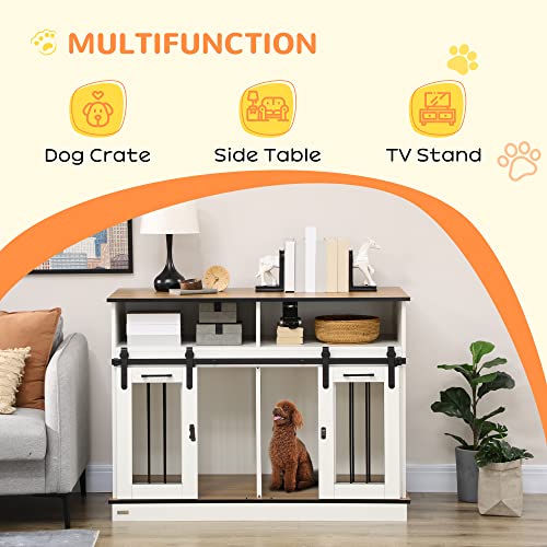 PawHut Dog Crate Furniture for Large Dogs or Double Dog Kennel for Small Dogs with Shelves, Sliding Doors, 47" x 23.5" x 35", White