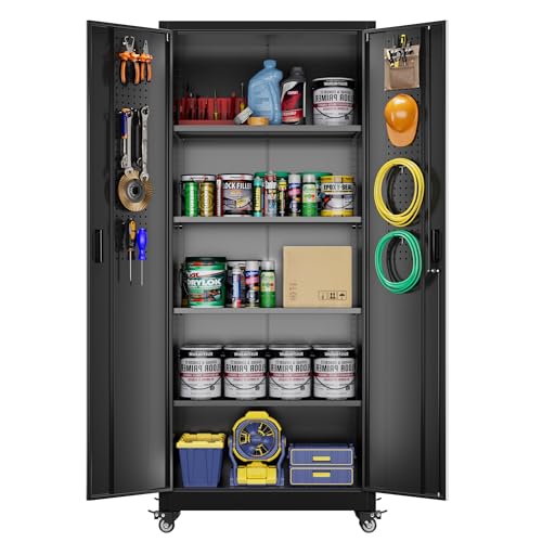 Aobabo Garage Storage Cabinet with Wheels,72" H Metal Storage Cabinet with 2 Doors and 4 Adjustable Shelves for Garage Home, Black,Required-Assembly