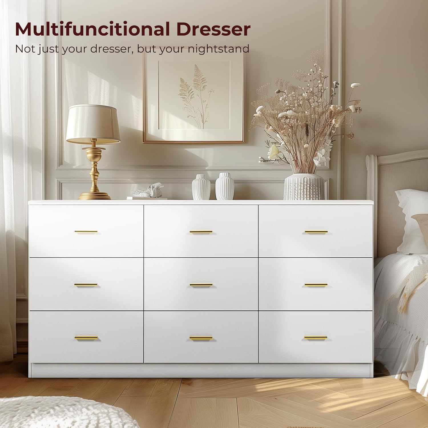 White Dresser for Bedroom with 9 Drawers, Long TV Stand, Modern Chest of Deep Cabinets and Wooden Top, Perfect for Living Room Storage, 63" 15.5" 30"
