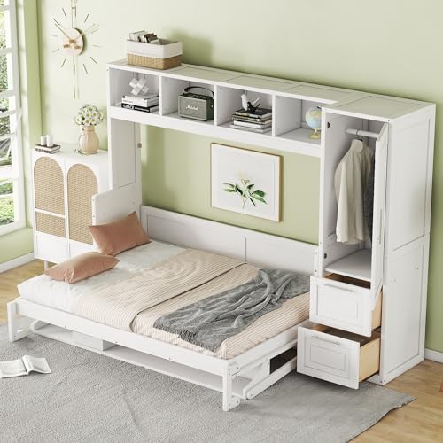 P PURLOVE Full Size Murphy Bed,Solid Wood Cabinet Bed,Folding Murphy Wall Bed with Closet and Drawers,White