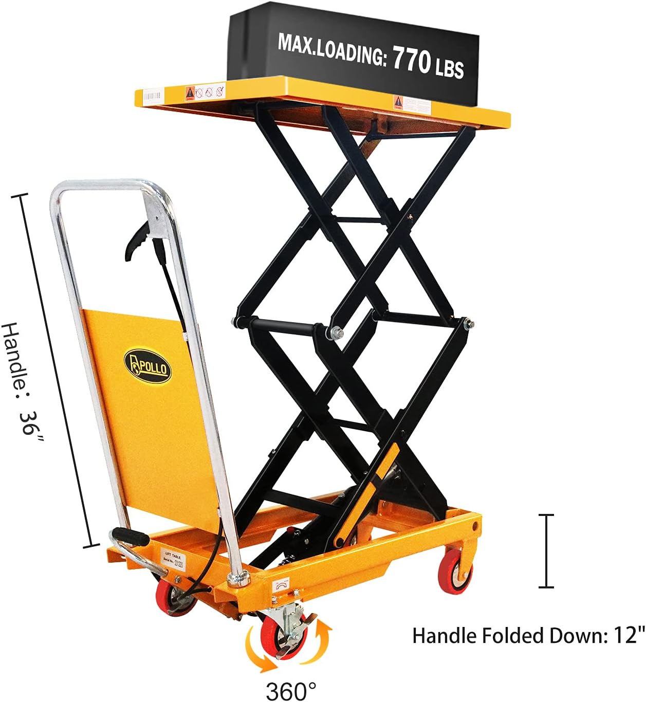 APOLLOLIFT Double Scissor Hydraulic Lift Table/Cart 770lbs Capacity 51.2" Lifting Height