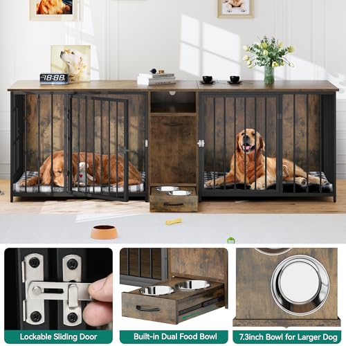 DWVO Double Dog Kennel Furniture, 80.2" Dog Cage Furniture with Divider, Double Dog Crate TV Stand for 2 Medium Dogs, Black
