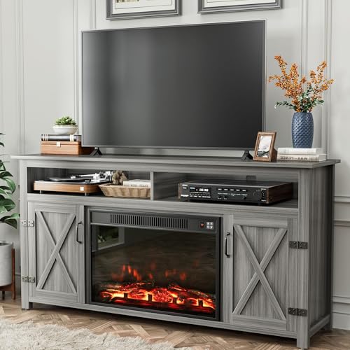 YESHOMY Farmhouse TV Stand for Televisions up to 65 Inches, Sliding Barn Doors and Storage Cabinets, Console Table and Media Furniture for Living Room, 58 Inch, Milk White