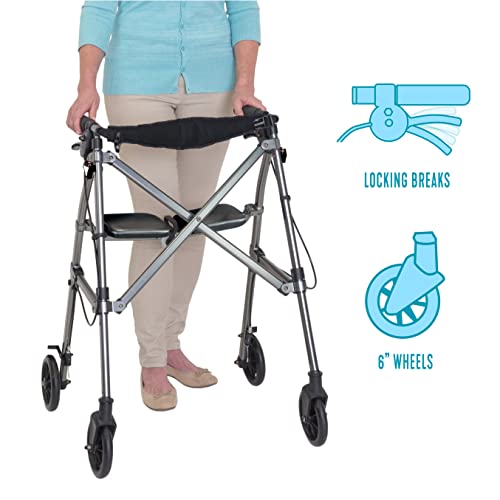 Stander Wonder Rollator Short, Lightweight Junior Folding Walker for Seniors and Adults, Travel Space Saver Rollator, Petite Walker with Wheels and Seat, Black Walnut
