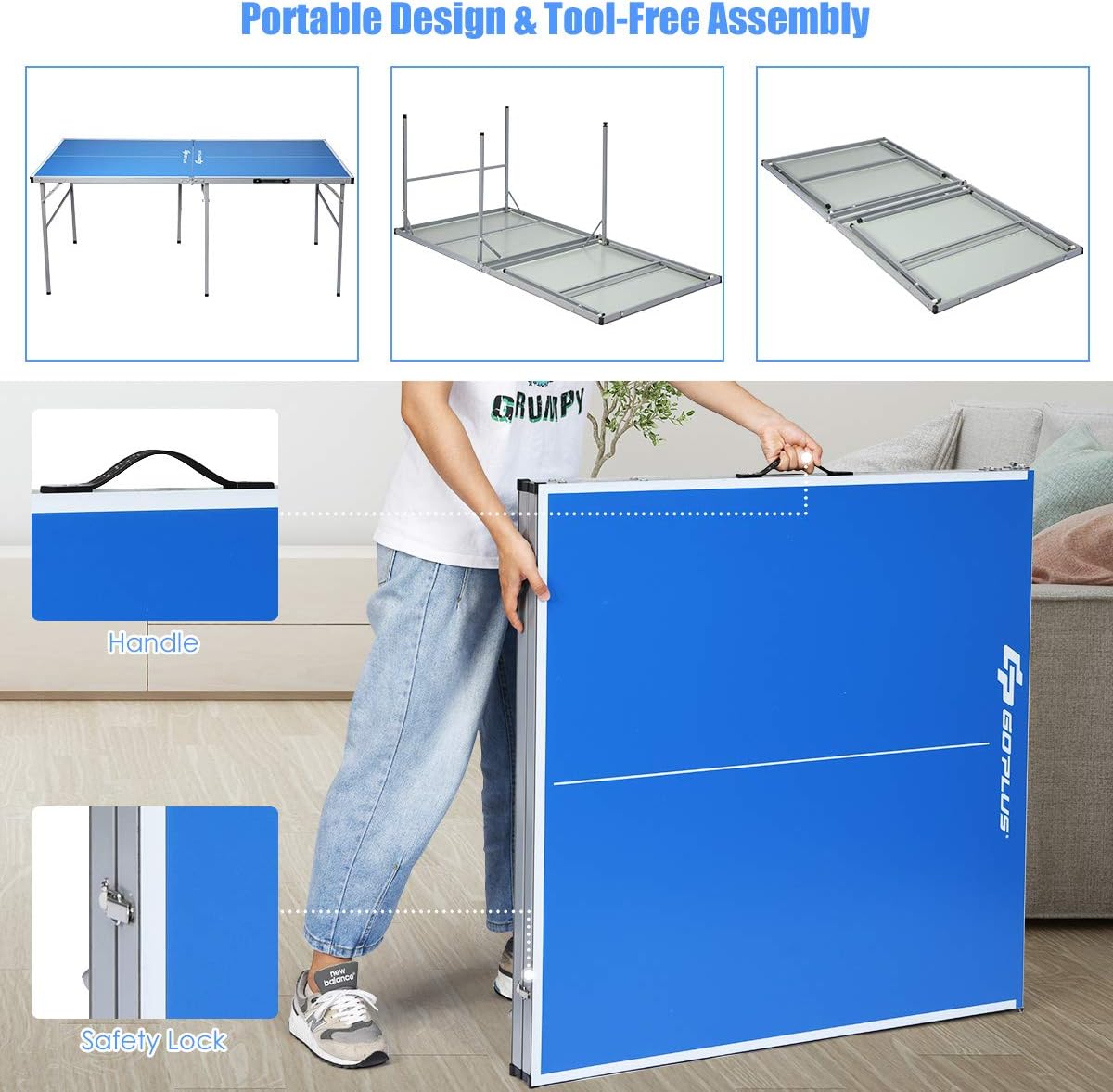 Goplus Foldable Ping Pong Table, 100% Preassembled, Portable Table Tennis Table Game Set with Net, 2 Table Tennis Paddles and Ping Pong Balls for Indoor Outdoor Use