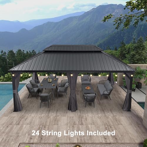 PURPLE LEAF 10' X 14' Permanent Hardtop Gazebo Aluminum Gazebo with Galvanized Steel Double Roof for Patio Lawn and Garden, Curtains and Netting Included, Grey