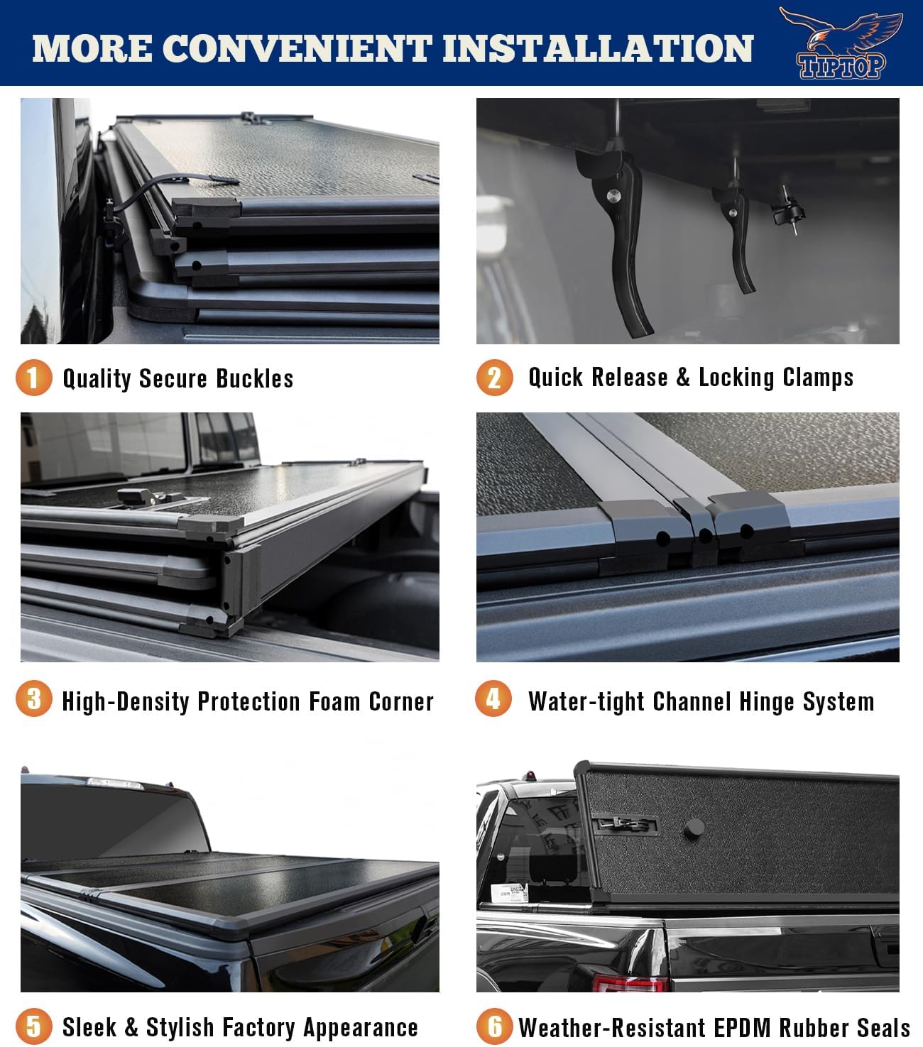 TIPTOP Tri-Fold Hard Tonneau Cover Truck Bed FRP On Top for 2007-2024 Silverado/Sierra 1500 & 2007-2019 2500 3500 HD 6.6ft Bed (78.9") |Not for CarbonPro Bed| TPM3 |