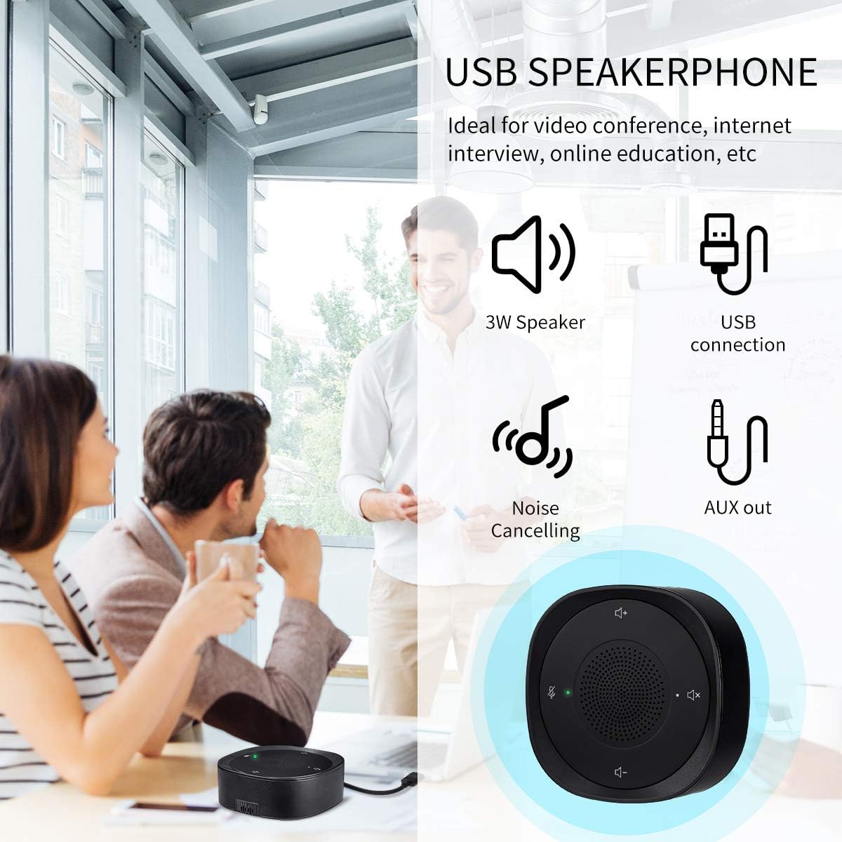 USB Speakerphone Microphone, Conference Speaker Omnidirectional Computer Mic, with 360o Voice Pickup, Touch-Sensor Buttons for Mute/unmute, Streaming, Call Speaker Skype, Webinar, Interview -(JV801)