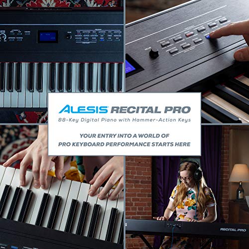 Alesis Recital Pro - 88 Key Digital Piano Keyboard with Hammer Action Weighted Keys, 2x20W Speakers, 12 Voices, Record and Lesson Mode, FX and Display