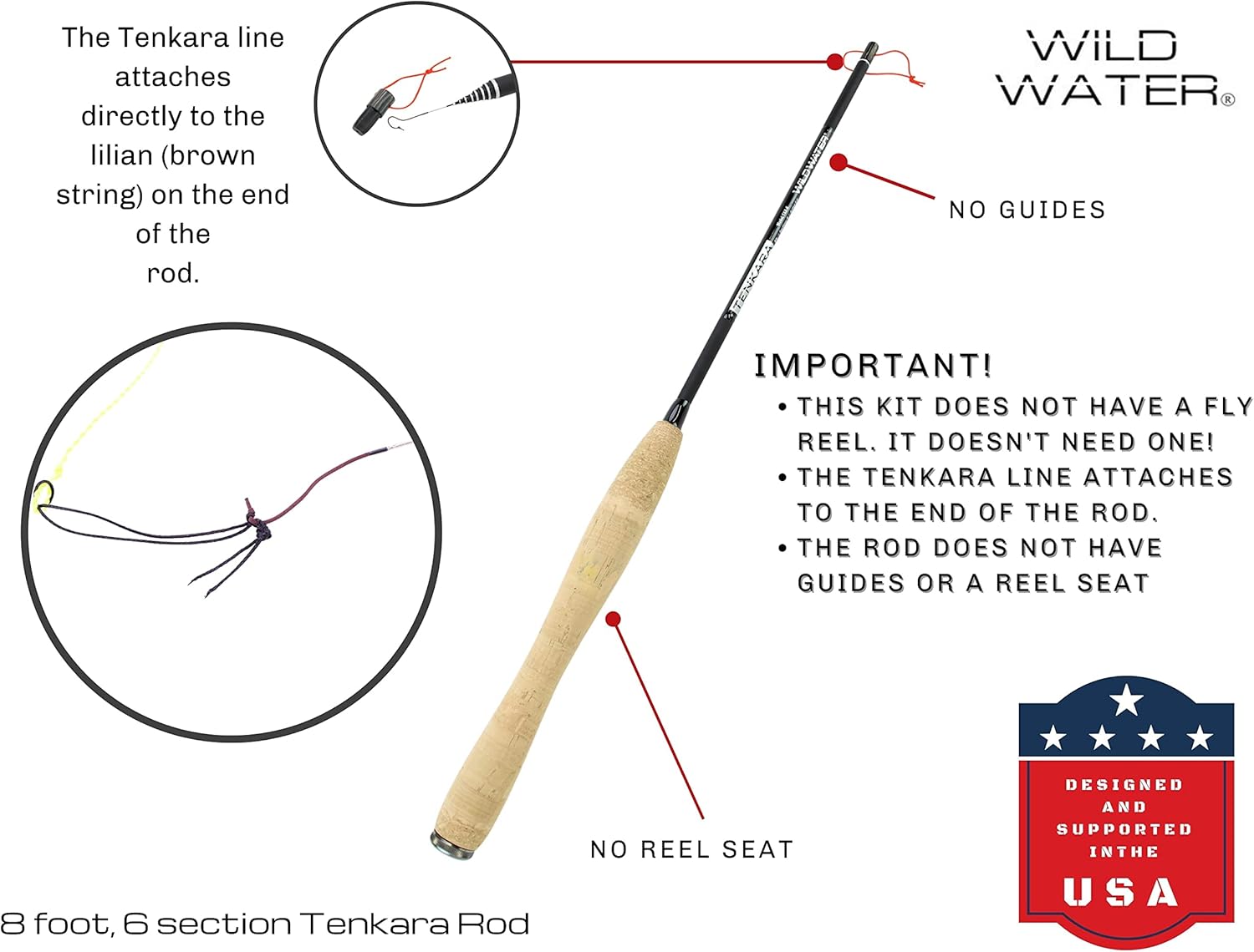 Wild Water Fly Fishing 8' Tenkara Fly Rod Complete Combo Starter Package with Flies