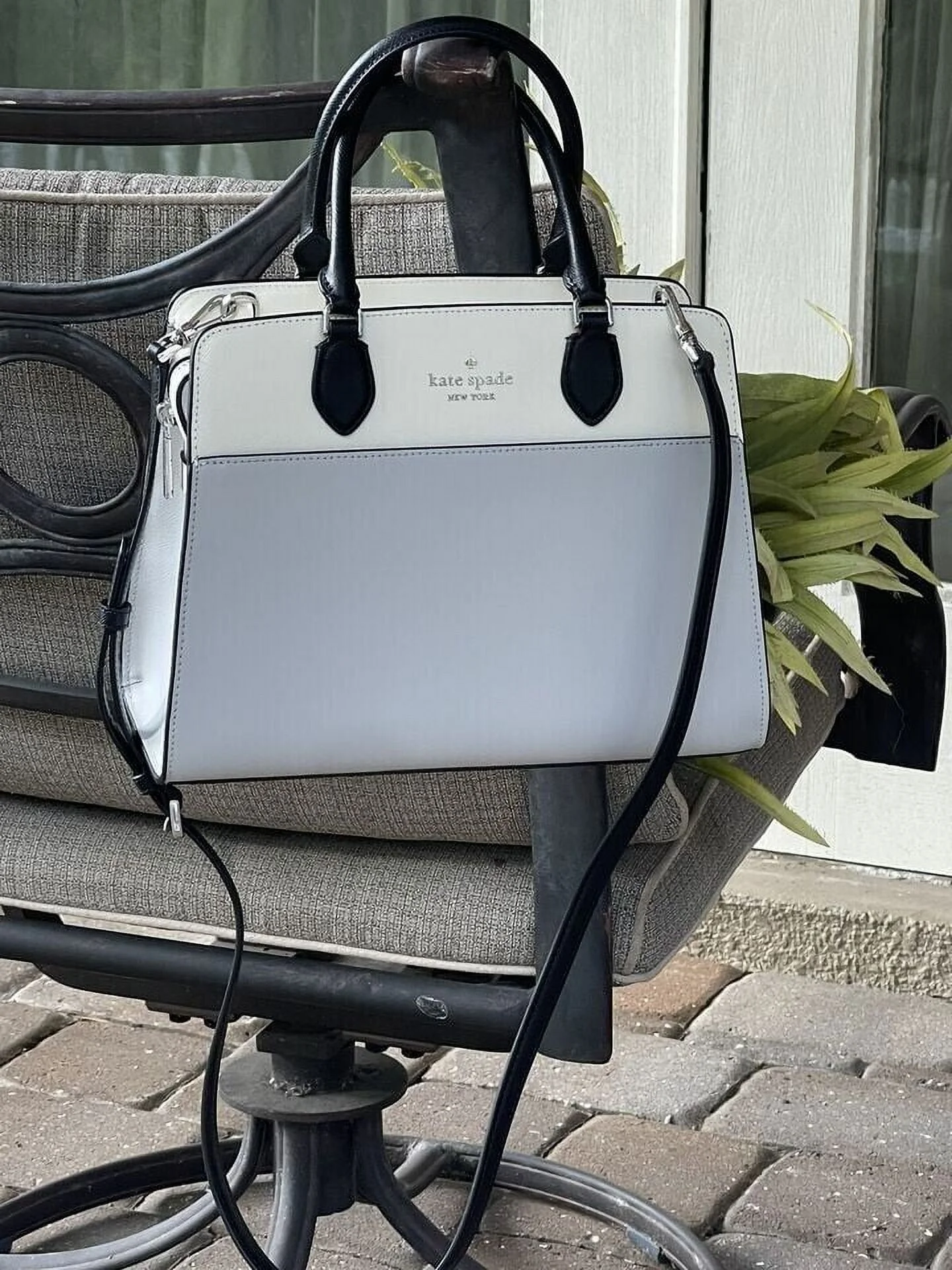 Kate Spade Madison Medium Platinum Grey Colorblock Leather Satchel Bag Purse KC621