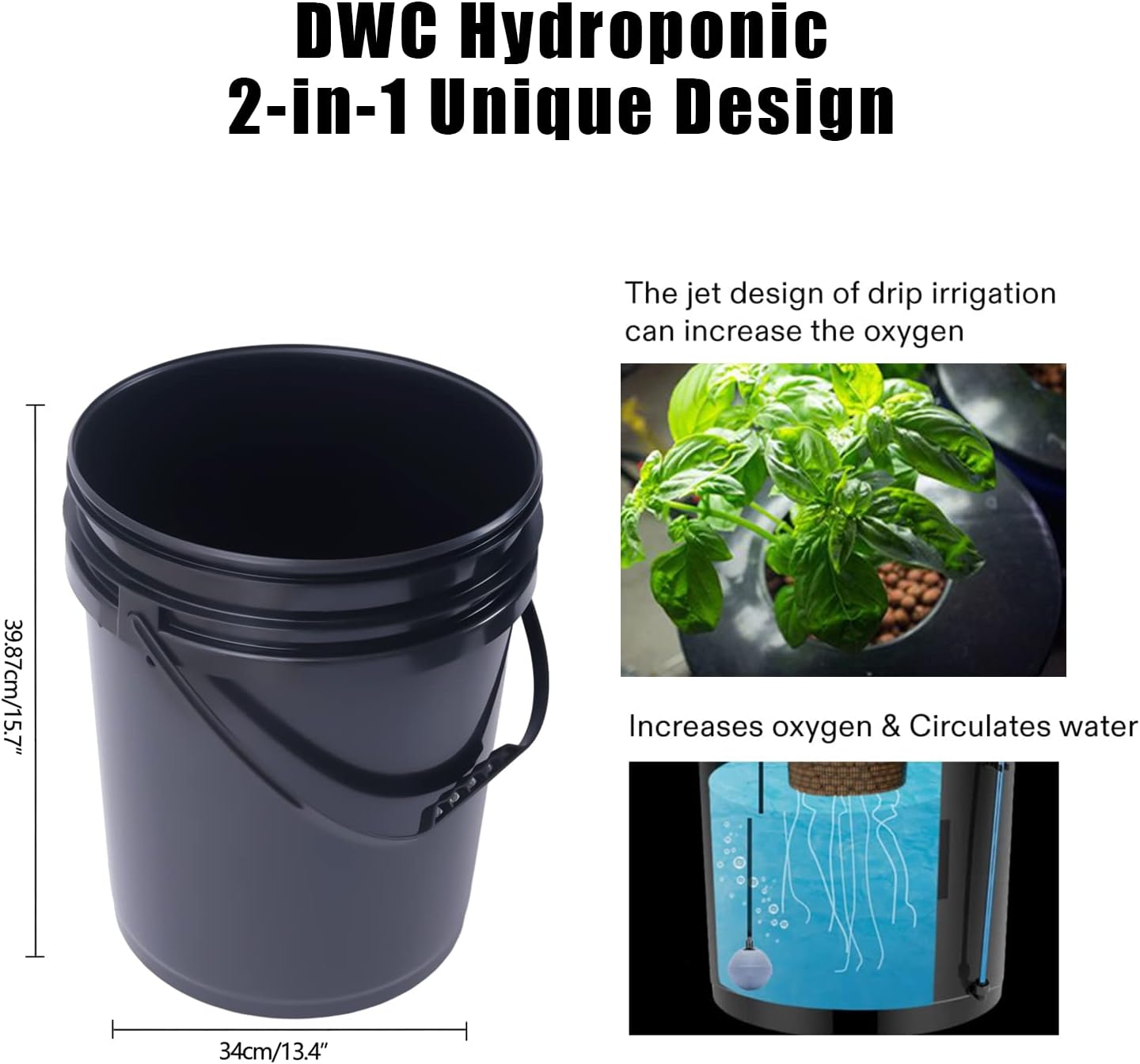 DWC Hydroponics Growing System, 5 Gallon Deep Water Culture, Recirculating Drip Garden System Kit with Multi-Purpose Air Hose, Air Pump, and Air Stone (4 Bucket + Reservoir Kit)
