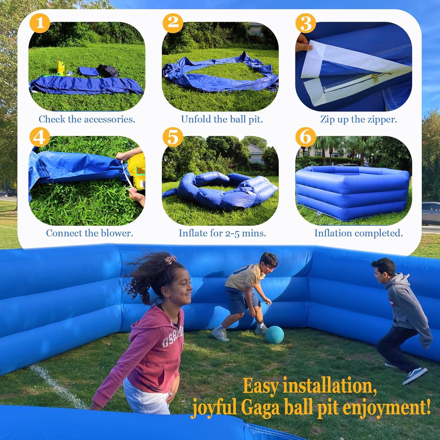 Heavy Duty Gaga Ball Pit Inflatable Gagaball Court with Electric Blower - Inflates Under 2 Minutes - Indoor Outdoor Gaga Ball Pit kit Foldable for Recess Playground Summer Camp Activities, 15FT