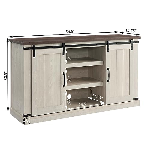 Farmhouse TV Stand with Sliding Barn Doors, Wood Entertainment Center with Media Console Storage Cabinet & Open Storage Space, for TV Up to 60", Television Stand for Living Room, Light Gray