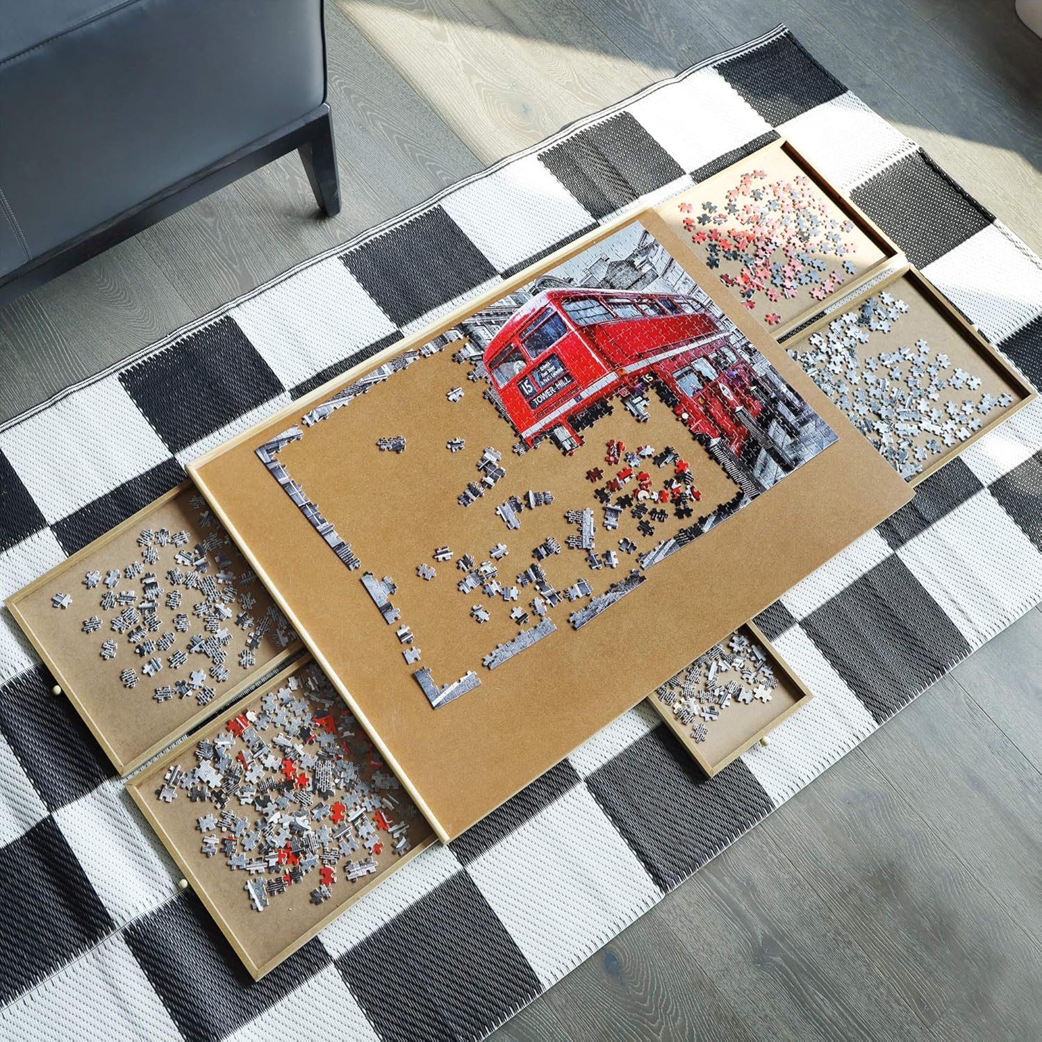 ATDAWN 1500 Pieces Upgraded Wooden Jigsaw Puzzle Table, Jigsaw Puzzle Board, Puzzle Plateau-Smooth Fiberboard Work Surface, with Five Drawers, Puzzle Accessories for 1500 Pcs