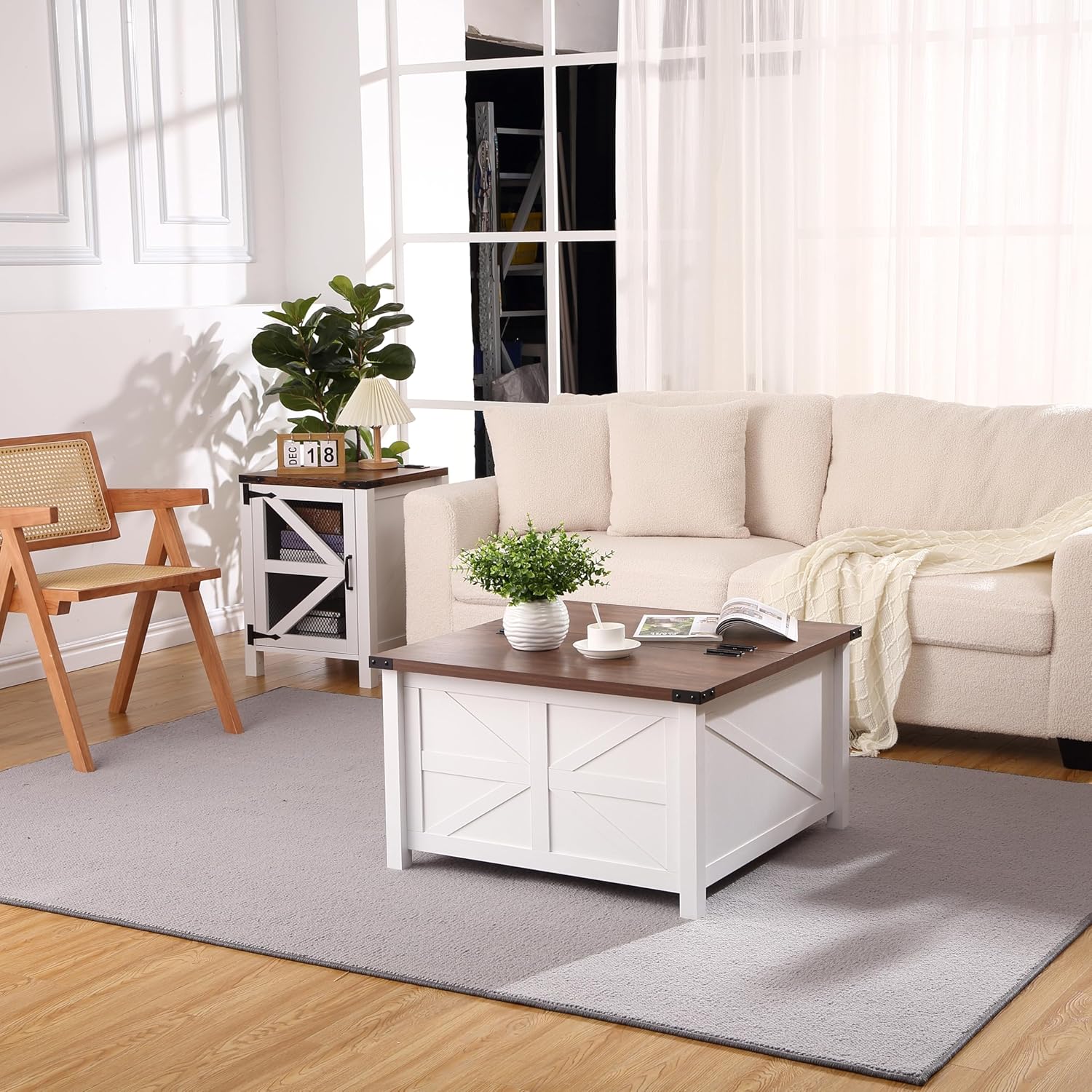 Farmhouse Square Coffee Table, Wood Center Table with Large Hidden Storage Compartment for Living Room, Rustic Cocktail Table with Hinged Lift Top for Living Room,Home Office
