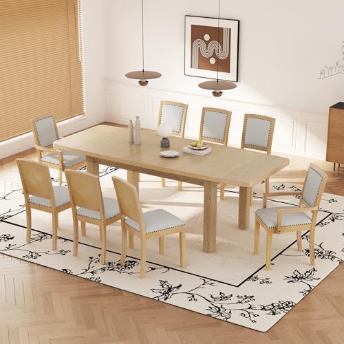 Dining Table Set for 8, Extendable Dining Table Set with Removable Leaf, Kitchen Table Set with Upholstered Side Chair and Arm Chair for Dining Room